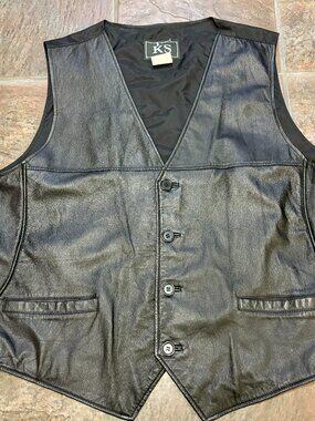 ~~KS Leather Vest Mens XL Black Genuine Leather Biker Motorcycle Button Lined  *